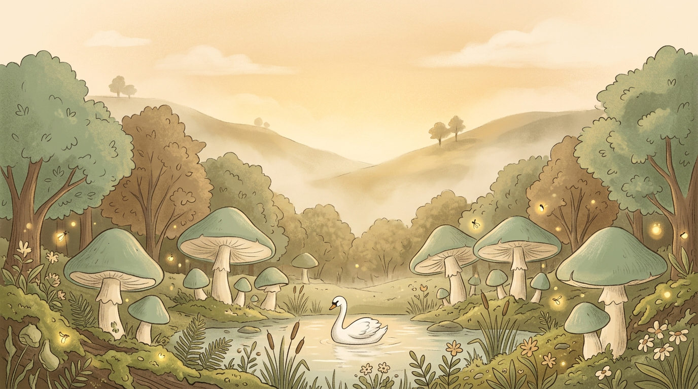 A serene forest clearing with a white swan among mushrooms